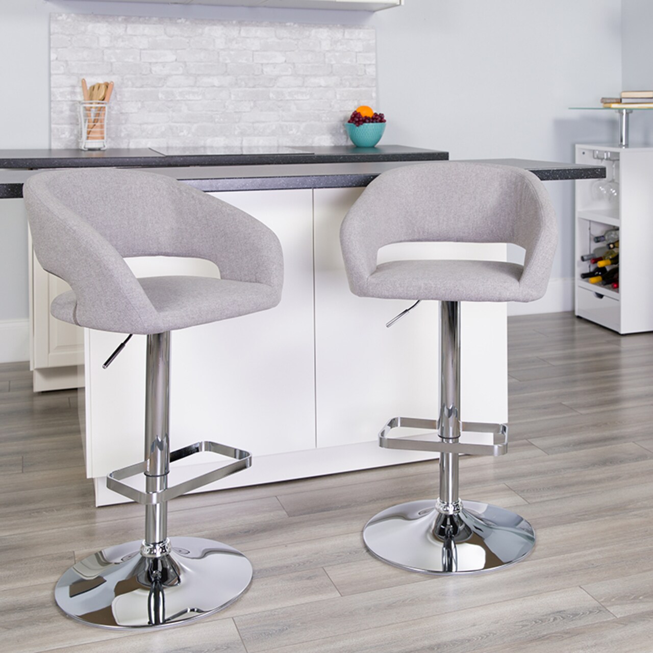 Flash Furniture Contemporary Gray Fabric Adjustable Height Barstool with Rounded Mid-Back and Chrome Base